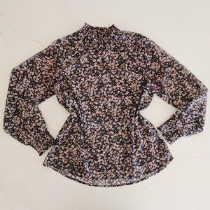 Hayden Floral Mock Sz L Mock Neck Chiffon Blouse Sheer AOP Preppy Romantic Top
